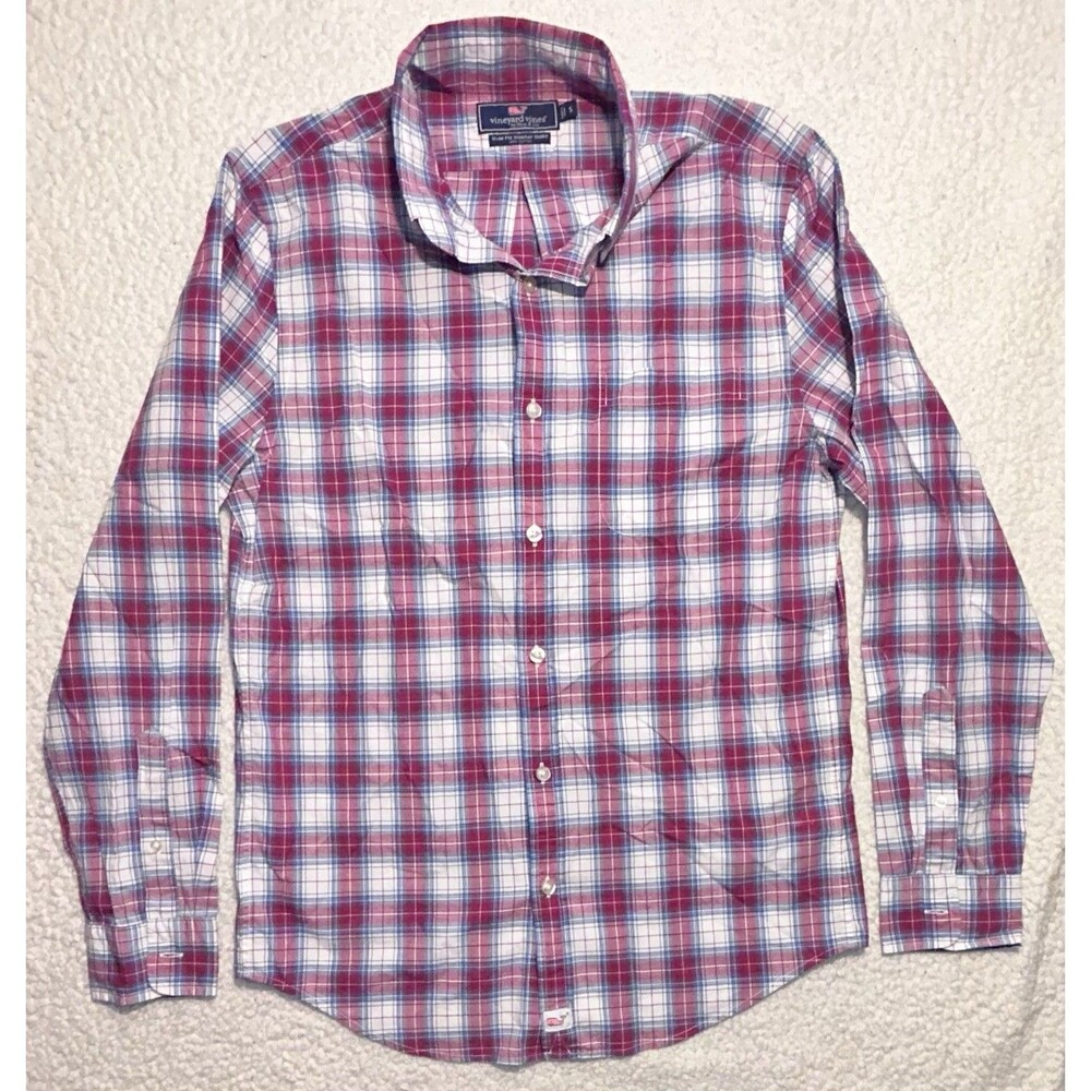 Vineyard Vines Shirt Mens Small S Slim Fit Plaid Pink Blue Long Sleeve Button